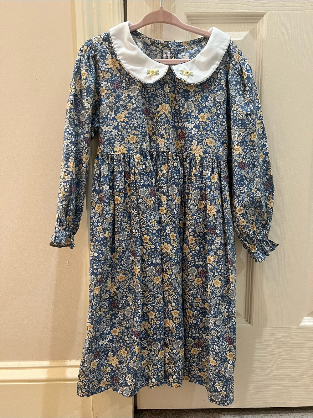 Sweet Dreams Blue Floral Long-Sleeve Dress with White Peter Pan Collar